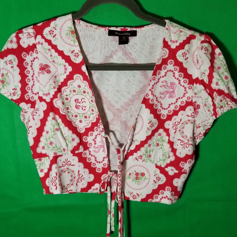Max and Riley White Red Women XS Crop Top Western Shabby Chic Floral Linen